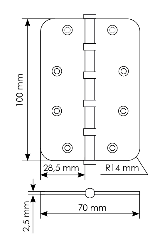Петля стальная MSN-C 100X70X2.5-4BB SN скругленная универсальная с подшипником, вес полотна до 40 кг, цвет белый никель фото купить в Ростове-на-Дону