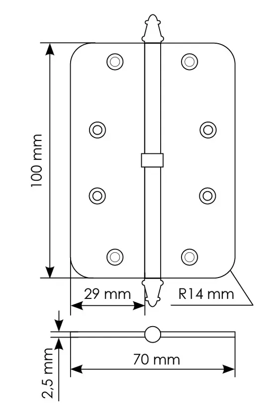 Петля разъемная MS-C 100X70X2.5 SG L левая с коронкой скругленная, врезная, цвет мат.золото, сталь фото купить в Ростове-на-Дону