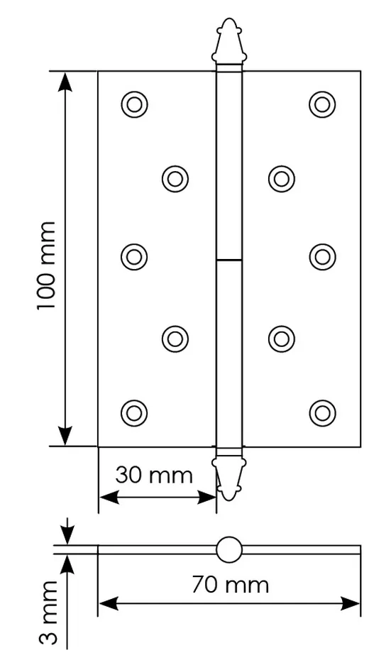 Петля разъемная латунная карточная  MB 100X70X3 SC R C с коронкой правая, врезная, цвет матовый хром фото купить в Ростове-на-Дону